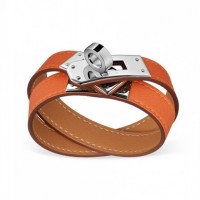 Hermes Rivale Double Wrap Orange Bracelet With Silver